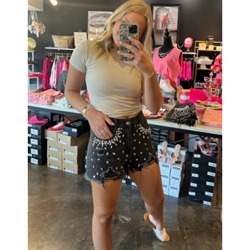 EZAPINE High Waist Rhinestone Denim Shorts for Summer