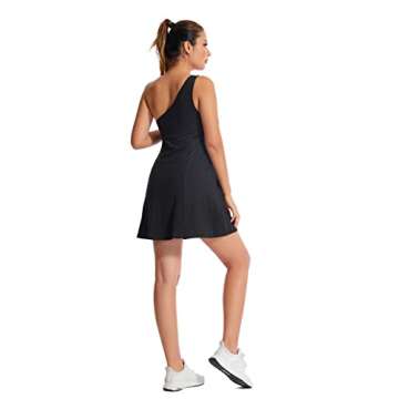 KuaCua Womens Tennis Dress,One Shoulder Workout Athletic Golf Dresses with Shorts and Bra Active Exercise Dress with Pockets Black