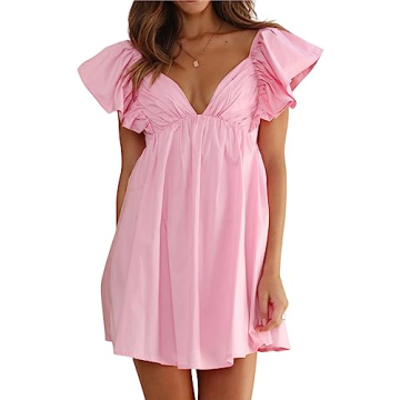 MASKAZU Women's Casual Flounce Sleeve Bow Tie Back Babydoll Dress s Pink