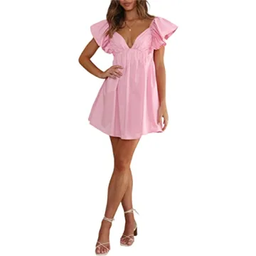 MASKAZU Women's Casual Flounce Sleeve Bow Tie Back Babydoll Dress s Pink