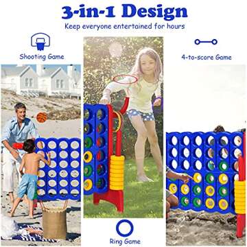 Costzon Giant 4-in-A-Row, Jumbo 4-to-Score Giant Game w/Basketball Hoop, Ring Toss, Quick-Release Sl...