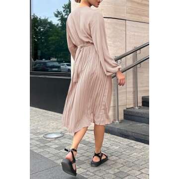 PRETTYGARDEN Women's Spring Midi Dress Long Puff Sleeve Wrap V Neck Flowy Ruffle Pleated Casual Fall...