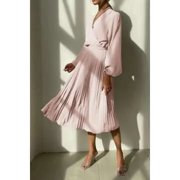 PRETTYGARDEN Women's Spring Midi Dress Long Puff Sleeve Wrap V Neck Flowy Ruffle Pleated Casual Fall Dresses (Apricot,XX-Large)