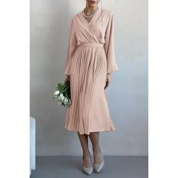 PRETTYGARDEN Women's Spring Midi Dress Long Puff Sleeve Wrap V Neck Flowy Ruffle Pleated Casual Fall Dresses (Apricot,XX-Large)