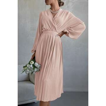 PRETTYGARDEN Women's Spring Midi Dress Long Puff Sleeve Wrap V Neck Flowy Ruffle Pleated Casual Fall Dresses (Apricot,XX-Large)