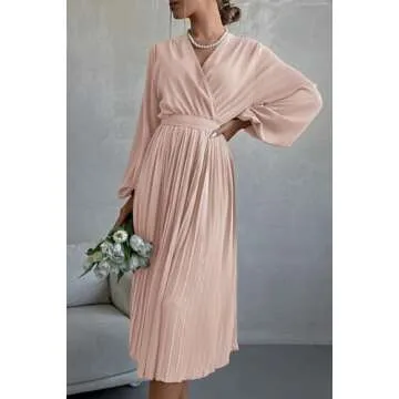 PRETTYGARDEN Women's Spring Midi Dress Long Puff Sleeve Wrap V Neck Flowy Ruffle Pleated Casual Fall Dresses (Apricot,XX-Large)