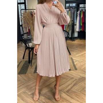 PRETTYGARDEN Women's Spring Midi Dress Long Puff Sleeve Wrap V Neck Flowy Ruffle Pleated Casual Fall Dresses (Apricot,XX-Large)