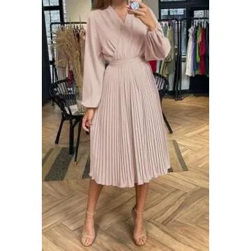 PRETTYGARDEN Women's Spring Midi Dress Long Puff Sleeve Wrap V Neck Flowy Ruffle Pleated Casual Fall Dresses (Apricot,XX-Large)