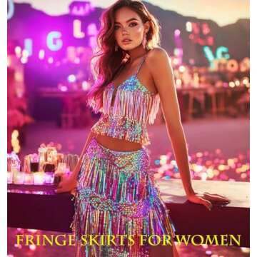 EARENT Belly Dance Hip Scarf Tassel Sequin Skirt and Top Set Rave Performance Fringe Skirts for Wome...
