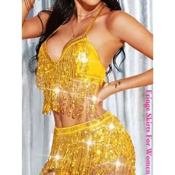EARENT Belly Dance Hip Scarf Tassel Sequin Skirt and Top Set Rave Performance Fringe Skirts for Women (O-Gold)