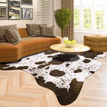 Rostyle Faux Cowhide Rug 6.2 x 5.2 Feet, Cute Cow Hide Rug for Living Room Bedroom Western Home Decor Faux Fur Cow Print Rugs White and Brown