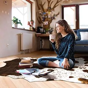 Rostyle Faux Cowhide Rug 6.2 x 5.2 Feet, Cute Cow Hide Rug for Living Room Bedroom Western Home Decor Faux Fur Cow Print Rugs White and Brown