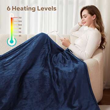 Electric Heated Blanket Queen Size 84" x 90" | 6 Heating Levels & 8h Auto Timer | Full Body Fast Heating and Ultra Soft Flannel, Machine Washable Bed Sofa Home Office Use, Blue
