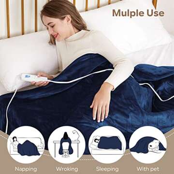 Electric Heated Blanket Queen Size 84" x 90" | 6 Heating Levels & 8h Auto Timer | Full Body Fast Heating and Ultra Soft Flannel, Machine Washable Bed Sofa Home Office Use, Blue
