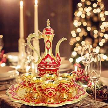 Vintage Turkish Coffee Pot with 6 Coffee Cups, Metal Turkish Tea Set Tea Kit Gift Set Including Craft Tea Tray Teapot and Tea Cups for Wedding Gift(Red)