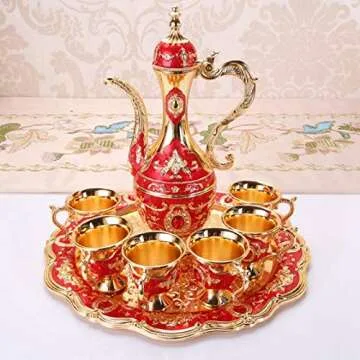 Vintage Turkish Coffee Pot with 6 Coffee Cups, Metal Turkish Tea Set Tea Kit Gift Set Including Craft Tea Tray Teapot and Tea Cups for Wedding Gift(Red)