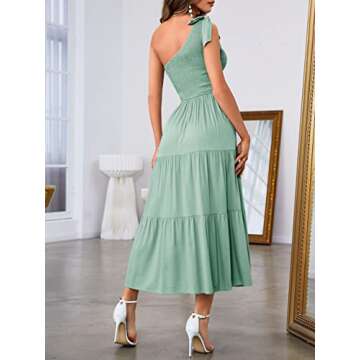 MEROKEETY Women's Summer Bohemian One Shoulder Sleeveless Split Flowy Pleated Midi Dress,Sage,S