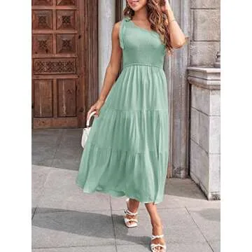 Stylish MEROKEETY One Shoulder Summer Dress in Sage