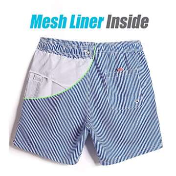 maamgic Mens Swim Trunks Quick Dry Swim Shorts with Mesh Lining Funny Swimwear Bathing Suits Blue Striped Large