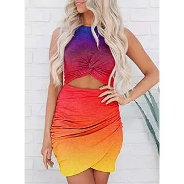 Acelitt Women's Ladies Sexy Sleeveless Tie Dye Cut Out Twist Front Bodycon Dress Wrap Slim Fit Basic Solid Party Evening Dresses XL