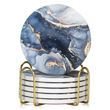 6 Pcs Navy Blue Marble Coasters Set with Holder - Stylish & Absorbent Coffee Table Coasters for Home