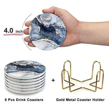Navy Blue Marble Coasters Set with Holder for All Occasions