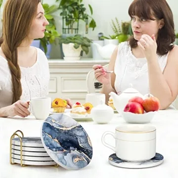 Navy Blue Marble Coasters Set with Holder for All Occasions