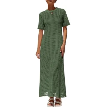 PRETTYGARDEN Womens Eyelet Cover Up Dress 2025 Summer Vacation Resort Maxi Dresses Beach Short Sleev...