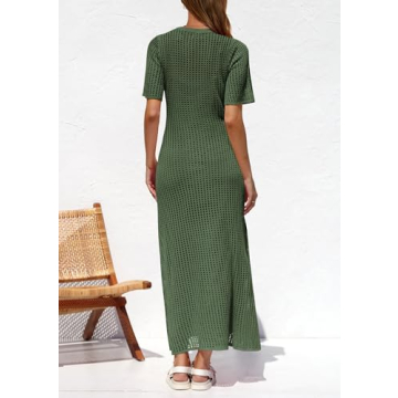 PRETTYGARDEN Womens Eyelet Cover Up Dress 2025 Summer Vacation Resort Maxi Dresses Beach Short Sleeve Hollow Out Sundress (Army Green,Large)