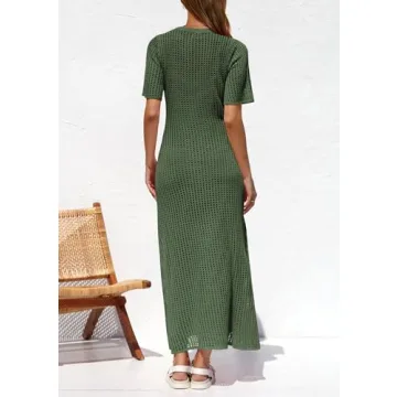 PRETTYGARDEN Womens Eyelet Cover Up Dress 2025 Summer Vacation Resort Maxi Dresses Beach Short Sleeve Hollow Out Sundress (Army Green,Large)