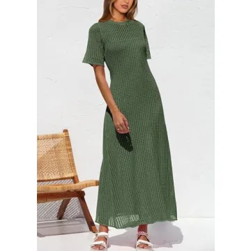 PRETTYGARDEN Womens Eyelet Cover Up Dress 2025 Summer Vacation Resort Maxi Dresses Beach Short Sleeve Hollow Out Sundress (Army Green,Large)