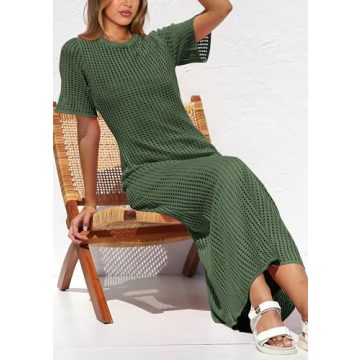 PRETTYGARDEN Womens Eyelet Cover Up Dress 2025 Summer Vacation Resort Maxi Dresses Beach Short Sleeve Hollow Out Sundress (Army Green,Large)