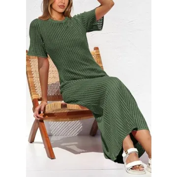 PRETTYGARDEN Womens Eyelet Cover Up Dress 2025 Summer Vacation Resort Maxi Dresses Beach Short Sleeve Hollow Out Sundress (Army Green,Large)