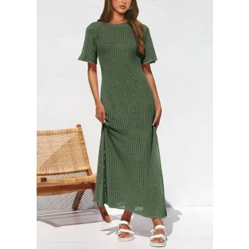 PRETTYGARDEN Womens Eyelet Cover Up Dress 2025 Summer Vacation Resort Maxi Dresses Beach Short Sleeve Hollow Out Sundress (Army Green,Large)