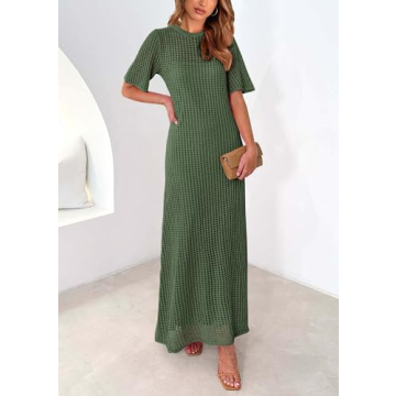 PRETTYGARDEN Womens Eyelet Cover Up Dress 2025 Summer Vacation Resort Maxi Dresses Beach Short Sleeve Hollow Out Sundress (Army Green,Large)