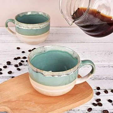 Bosmarlin Large Ceramic Coffee Mug Set of 2, Stoneware Jumbo Latte Mugs for Office and Home, 16 Oz, Dishwasher and Microwave Safe(Green, 2)