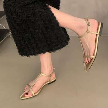 Mtzyoa Women Flat Sandals Gold 6 Pointed Toe Ladies Summer Dressy Casual Vacation Bohemian Cute Leather Beach Comfy Slip On Slides