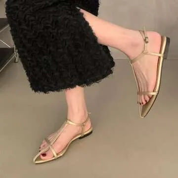 Mtzyoa Women Flat Sandals Gold 6 Pointed Toe Ladies Summer Dressy Casual Vacation Bohemian Cute Leather Beach Comfy Slip On Slides