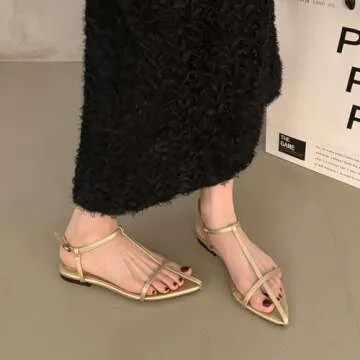 Mtzyoa Women Flat Sandals Gold 6 Pointed Toe Ladies Summer Dressy Casual Vacation Bohemian Cute Leather Beach Comfy Slip On Slides