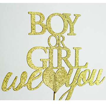 Boy or Girl Cake Topper, Gender Reveal Party Decor - He or She - Baby Shower Party Decorations (Gold Glitter)