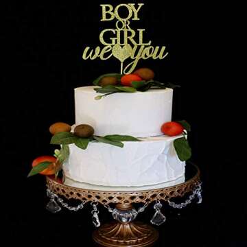 Boy or Girl Cake Topper, Gender Reveal Party Decor - He or She - Baby Shower Party Decorations (Gold Glitter)
