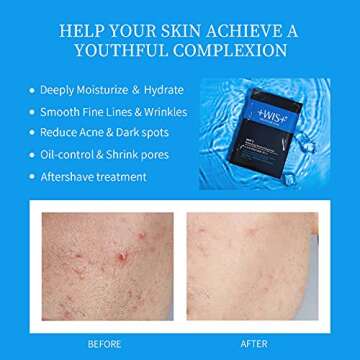 +WIS+ Natural Hydrating Moisturizing Face Mask 20 Sheets for Men, Oil Control, Shrink Pores, Acne Treatment, Anti Aging, Hydrolyzed Collagen Facial Sheet Mask, Vitamin C & E, After Shave Treatment