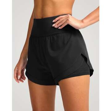 SANTINY Women's 2 in 1 Running Shorts with Pockets 3" High Waisted Exercise Workout Athletic Shorts for Women with Liner(Black_XXL)