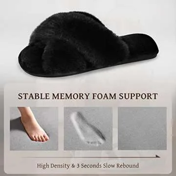 Cozyfurry Womens Cross Band Slippers Cozy Furry Fuzzy House Slippers Open Toe Fluffy Indoor Shoes Outdoor Slip on Warm Breathable Anti-skid Sole Black 5-6 S