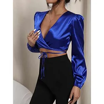 WDIRARA Women's Satin Deep V Neck Crisscross Wrap Tie Front Long Sleeve Crop Top Royal Blue S