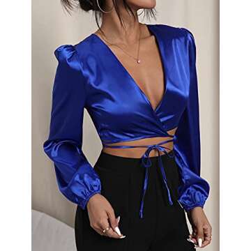 WDIRARA Women's Satin Deep V Neck Crisscross Wrap Tie Front Long Sleeve Crop Top Royal Blue S
