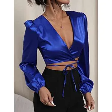 WDIRARA Women's Satin Deep V Neck Crisscross Wrap Tie Front Long Sleeve Crop Top Royal Blue S