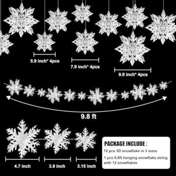 24PCS Snowflake Christmas Decorations, 3D Large Silver Paper Snowflakes Garland Hanging Snow Flakes for Winter Wonderland Christmas Party Decorations Holiday New Year Home Decor, Argent Silver