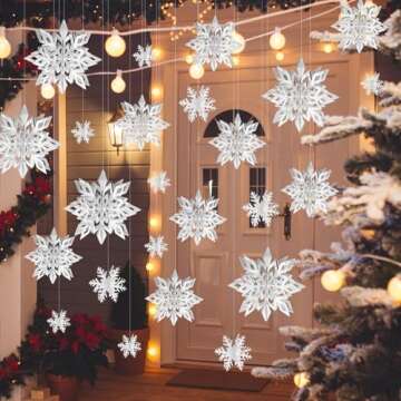 24PCS Snowflake Christmas Decorations, 3D Large Silver Paper Snowflakes Garland Hanging Snow Flakes for Winter Wonderland Christmas Party Decorations Holiday New Year Home Decor, Argent Silver