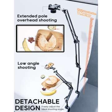 CACENCAN Overhead Camera Mount, 5lb Horizontal Load-Bearing, 360° Adjustable Camera Stand for Desk, Flexible Camera Arm Desk Mount, with Phone Clamp, Tabletop Mount for DSLR Camera/Webcam/Microphone